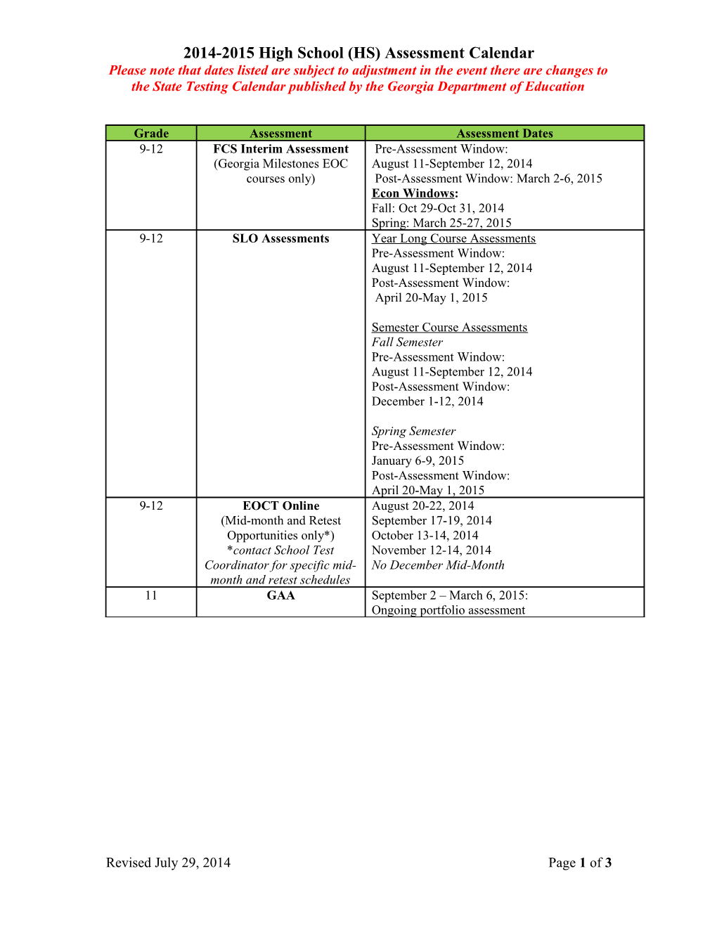 2014-2015 High School (HS) Assessment Calendar