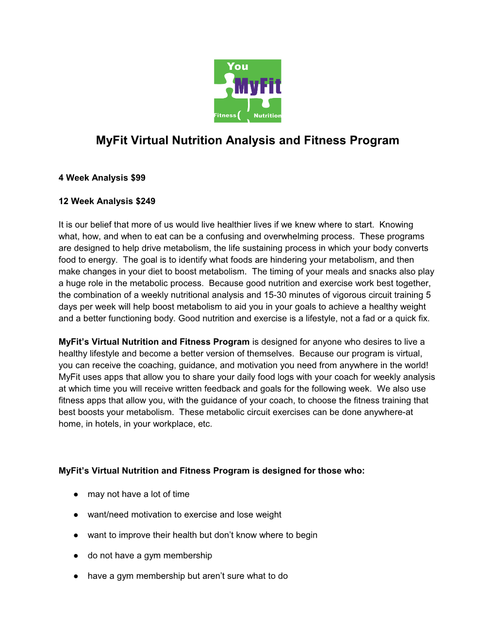 Myfit Virtual Nutrition Analysis and Fitness Program