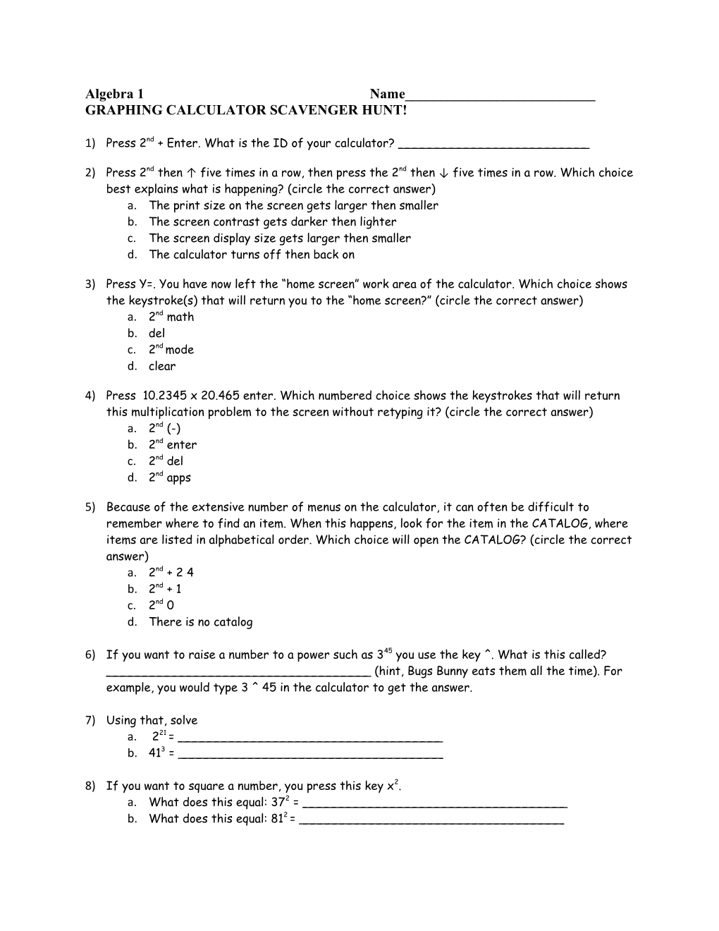 Graphing Calculator Scavenger Hunt!