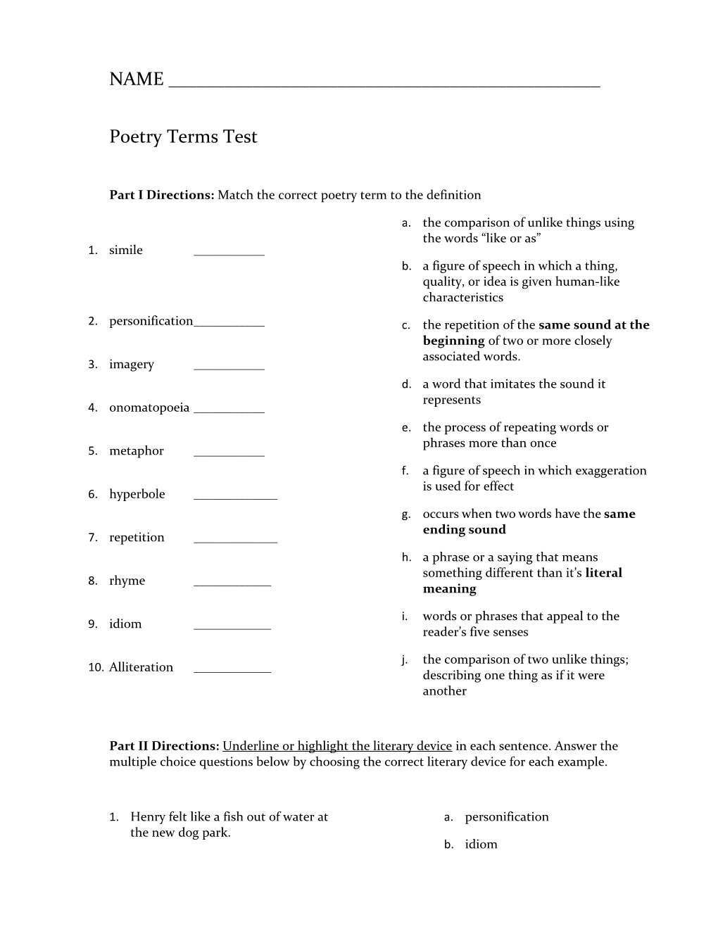 Part I Directions: Match the Correct Poetry Term to the Definition