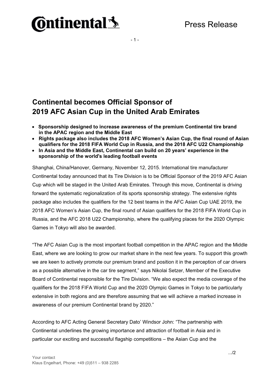 Continental Becomes Official Sponsor of 2019 AFC Asiancup in the United Arab Emirates