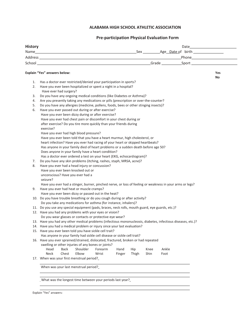 Pre-Participation Physicalevaluation Form