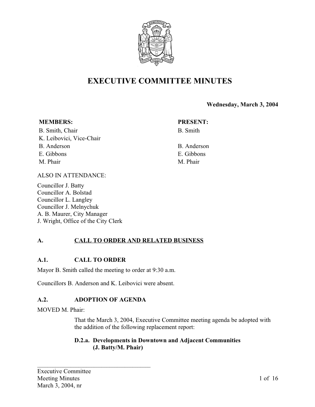 Minutes for Executive Committee March 3, 2004 Meeting