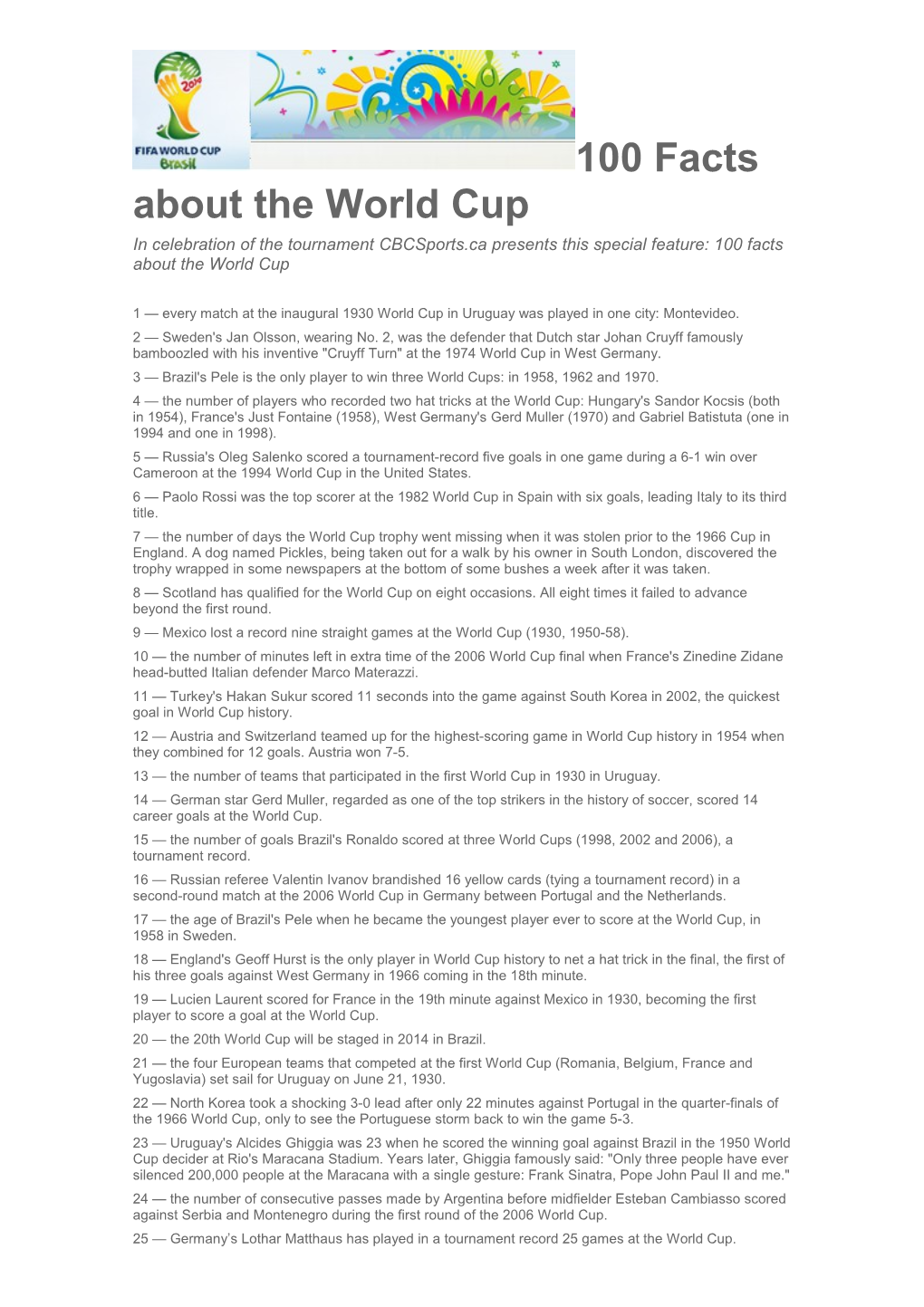 100 Facts About the World Cup