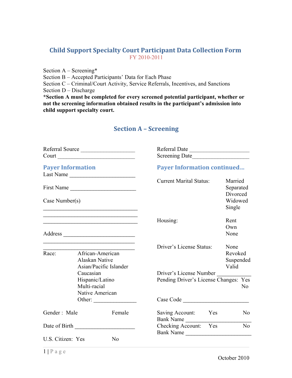 Child Support Specialty Court Participant Data Collection Form