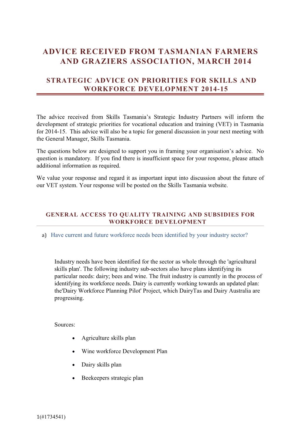 Strategic Advice on Priorities for Skills and Workforce Development 2014-15