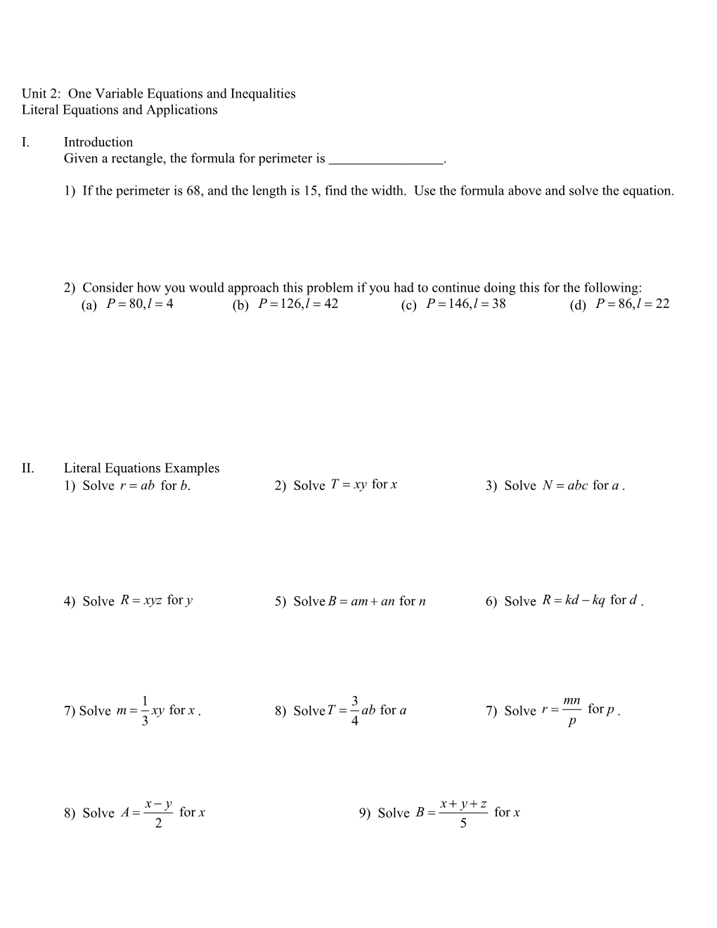 Unit 2: One Variable Equations and Inequalities