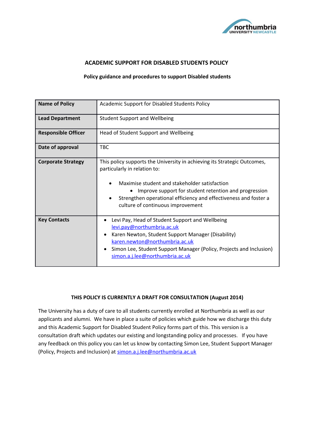 Academic Support for Disabled Students Policy