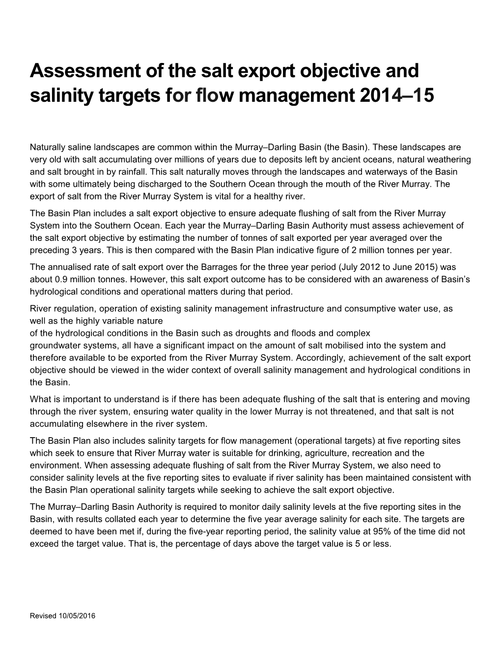 Assessment of Salt Export Objective and Salinity Targets Flow Management 2014-15
