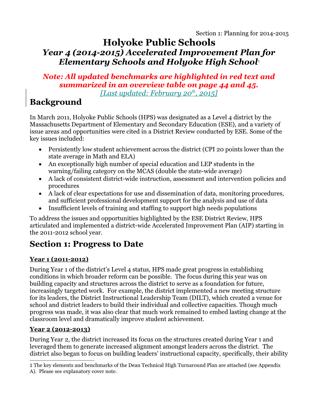 Holyoke Accelerated Improvement Plan 2014