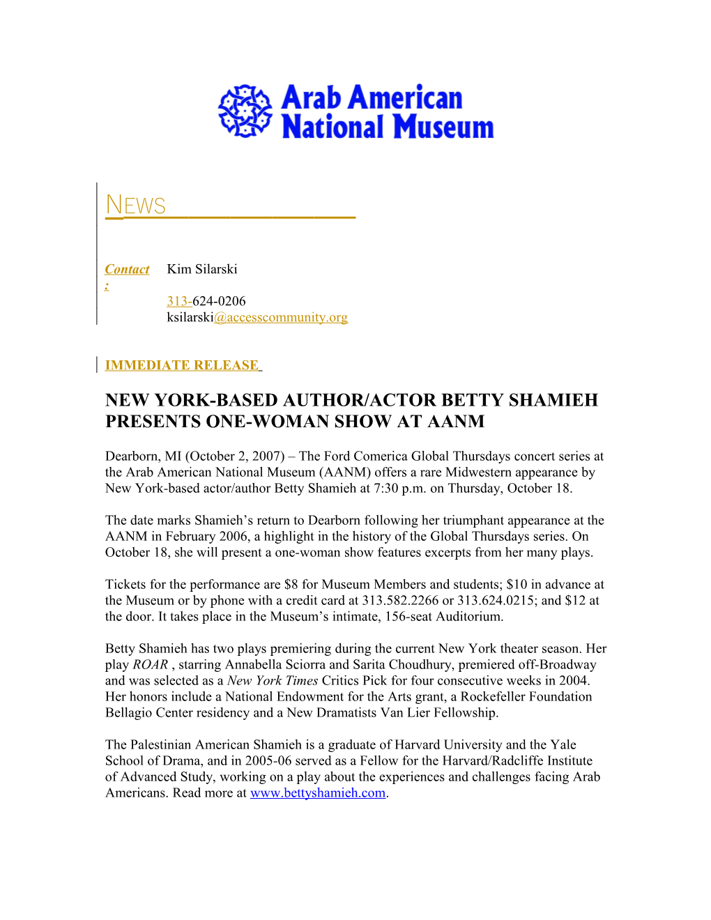 New York-Based Author/Actor Betty Shamieh Presents One-Woman Show at Aanm