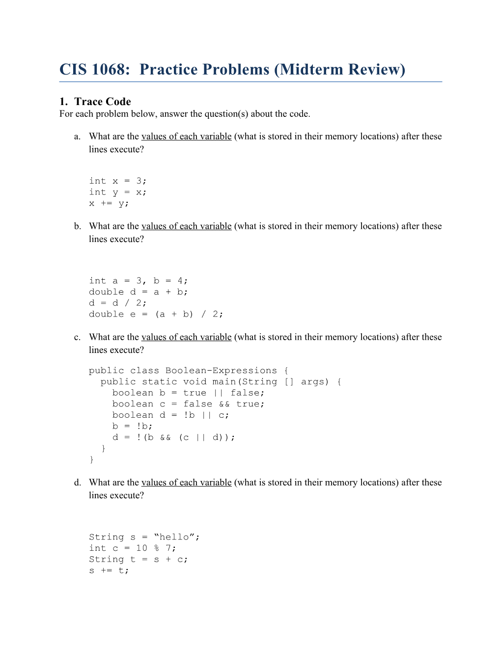 CIS 1068: Practice Problems (Midterm Review)