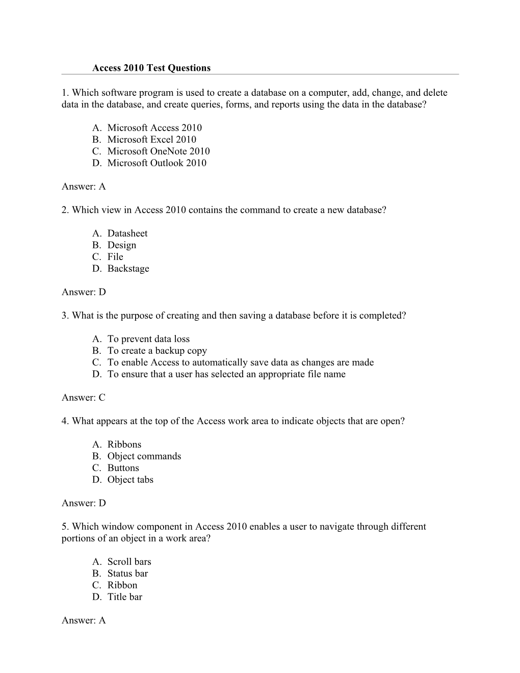 Access 2010 Test Questions