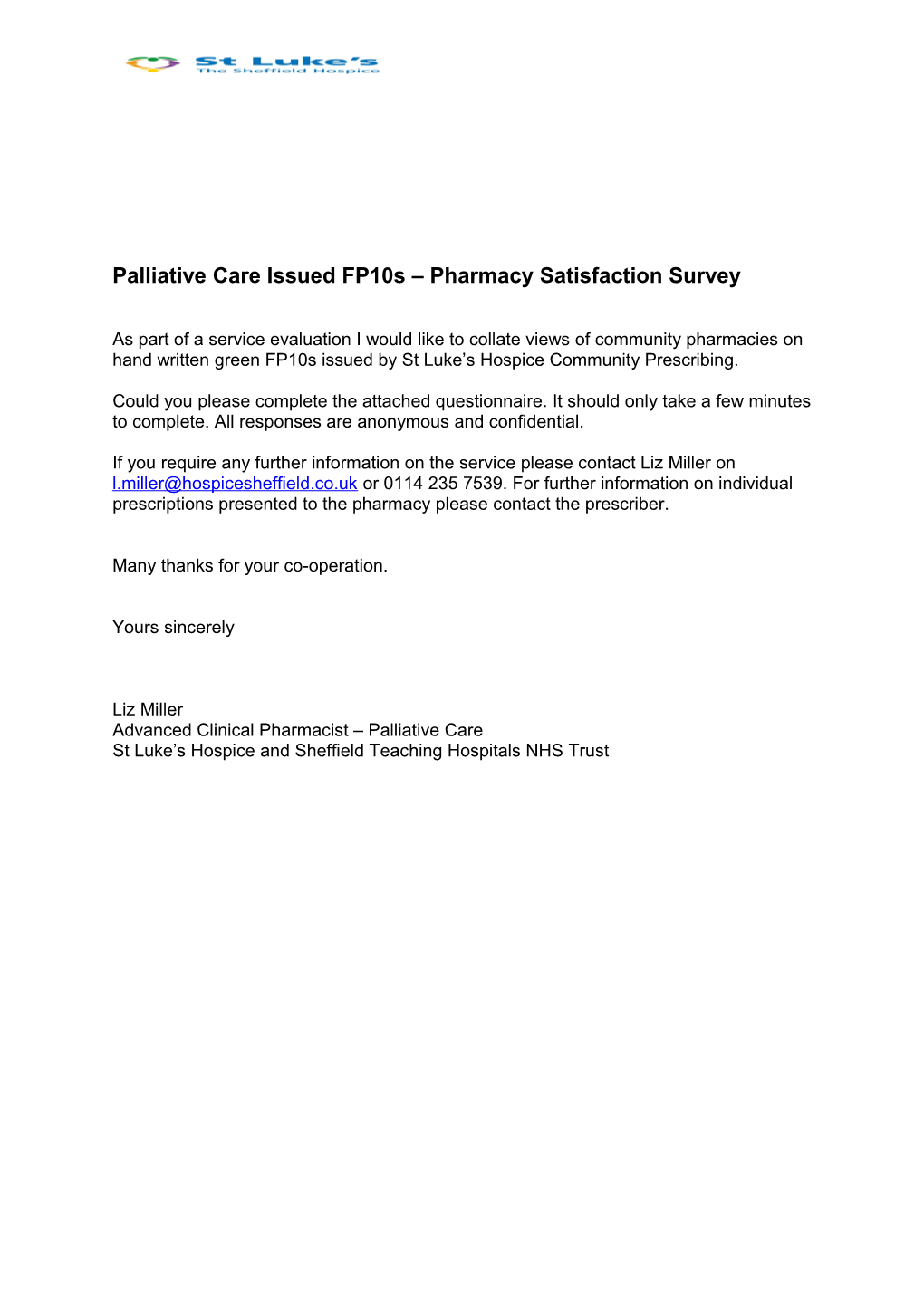 Palliative Care Issued Fp10s Pharmacy Satisfaction Survey