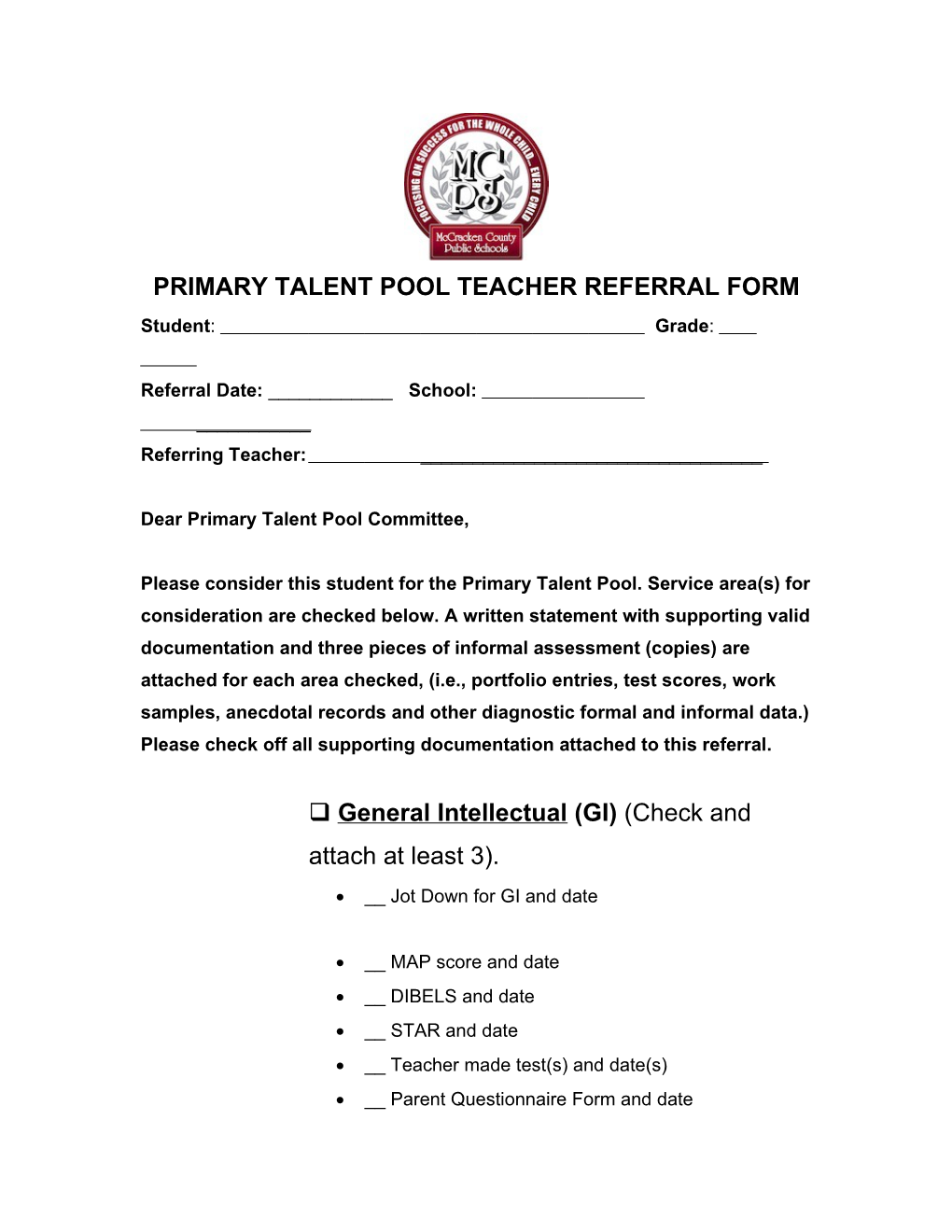 Primary Talent Pool Teacher Referral Form