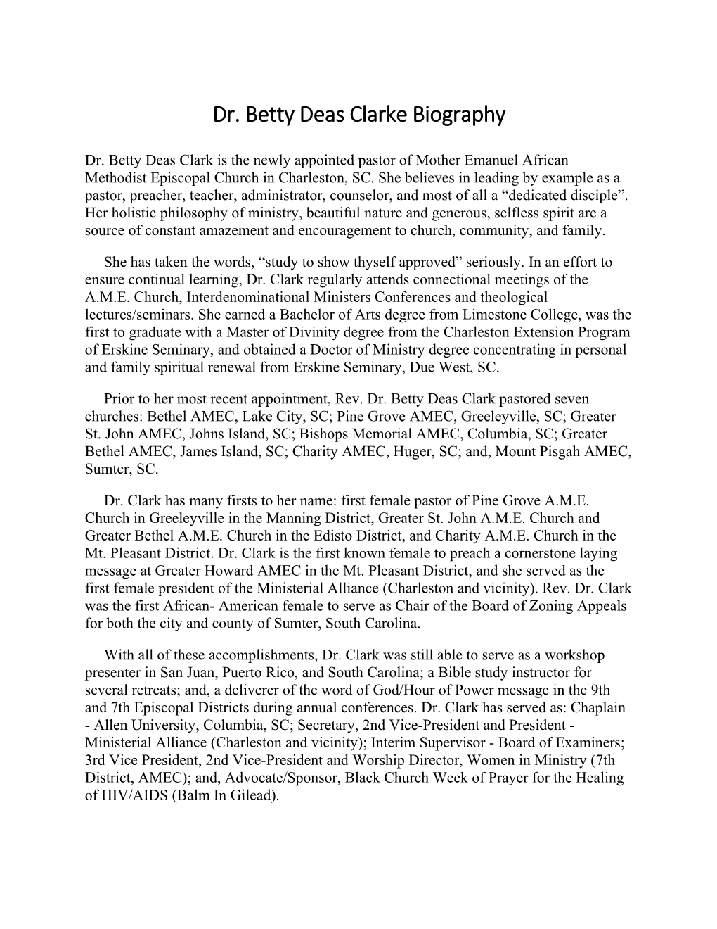 Dr. Betty Deas Clarke Biography