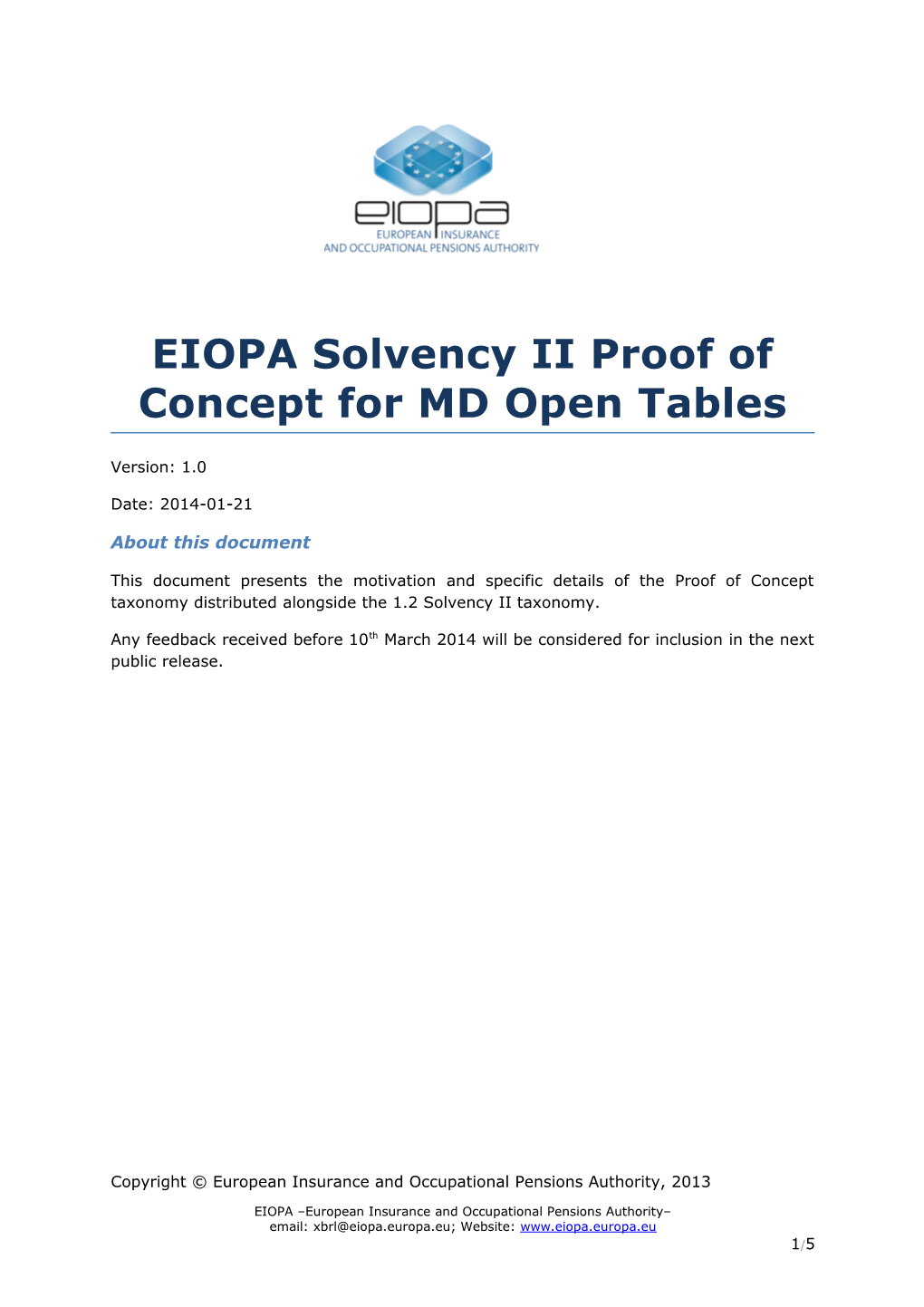 EIOPA Solvency II Proof of Concept for MD Open Tables