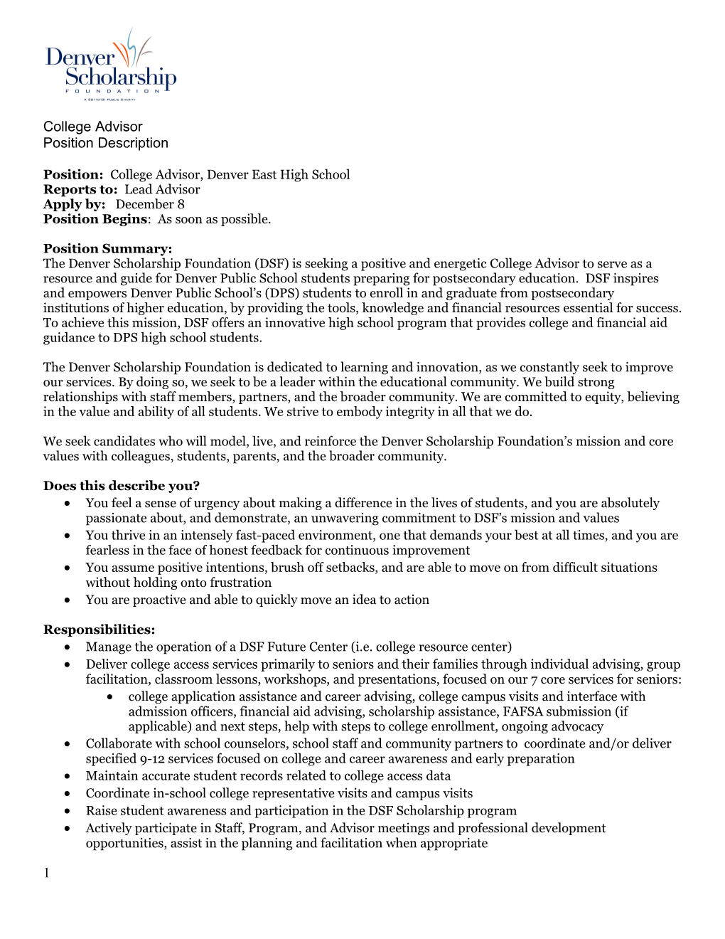 Position: College Advisor, Denver East High School