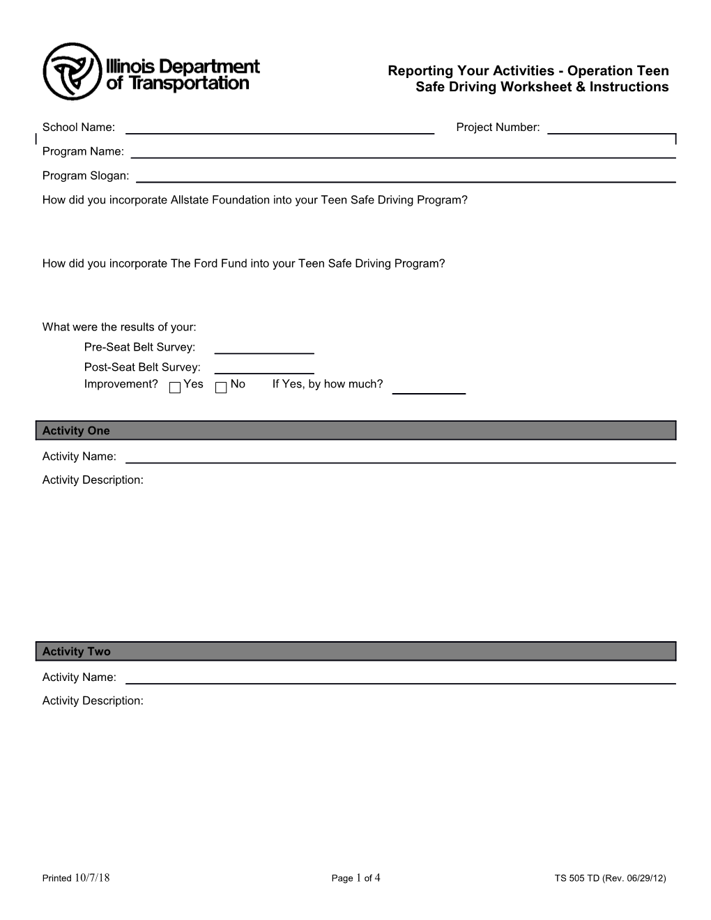 Reporting Your Activities - Operation Teen Safe Driving Worksheet & Instructions 08/20/08