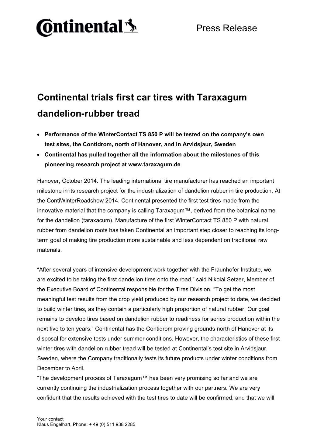 Continental Trials First Car Tires with Taraxagum Dandelion-Rubber Tread