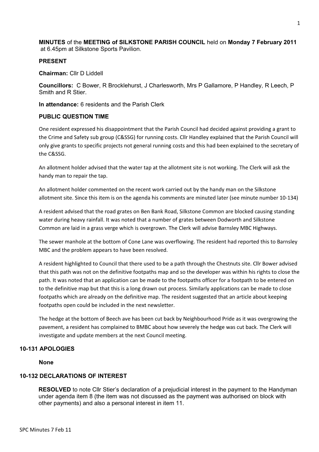 MINUTES of Themeeting of SILKSTONE PARISH COUNCIL Held on Monday 7 February 2011 at 6.45Pm
