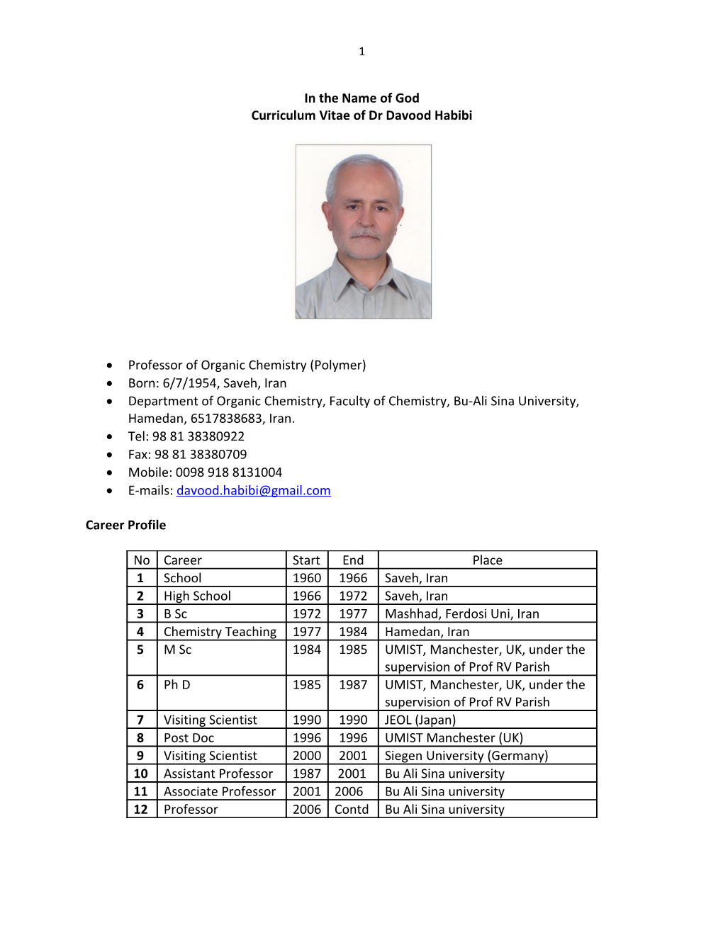 Curriculum Vitaeof Dr Davood Habibi