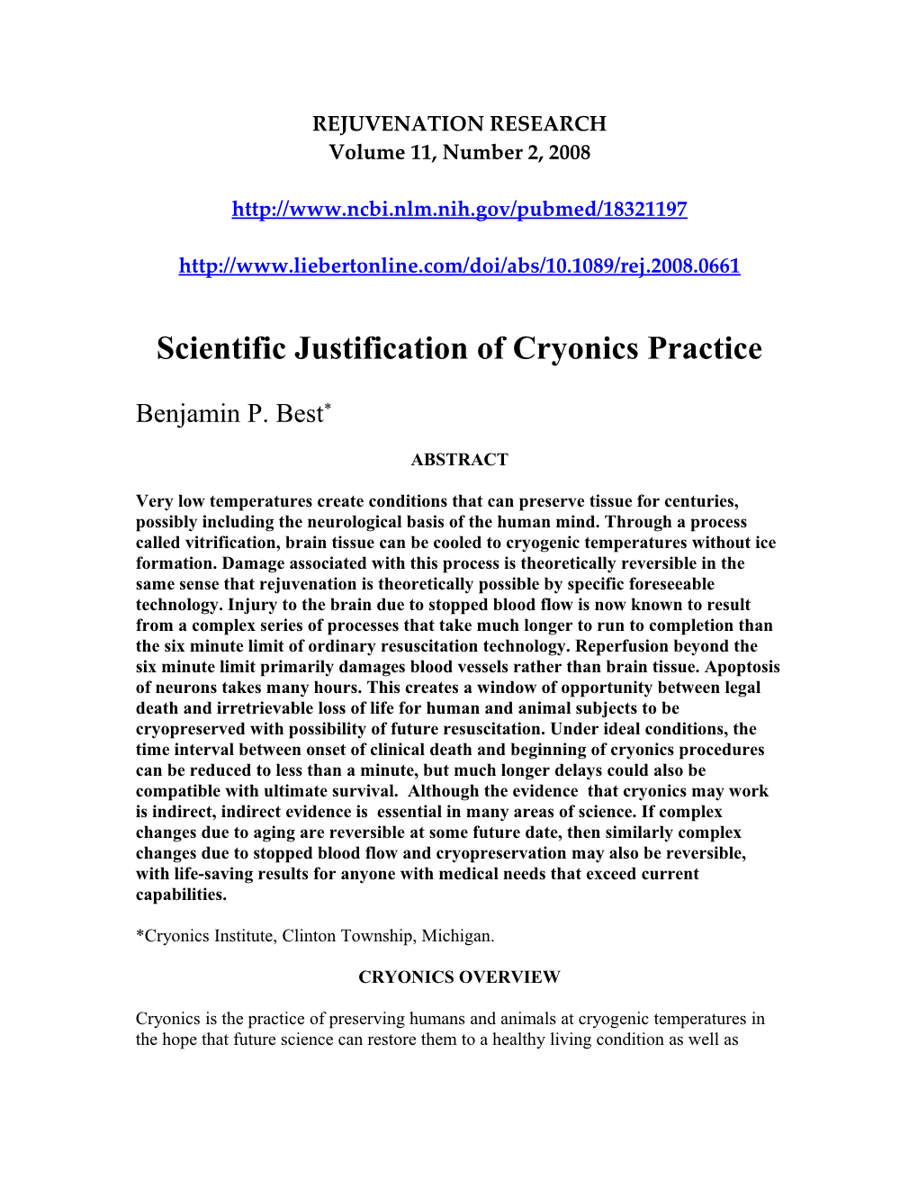Scientific Justification of Cryonics Practice