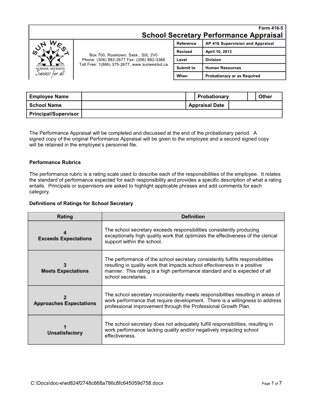 Definitions of Ratings for School Secretary