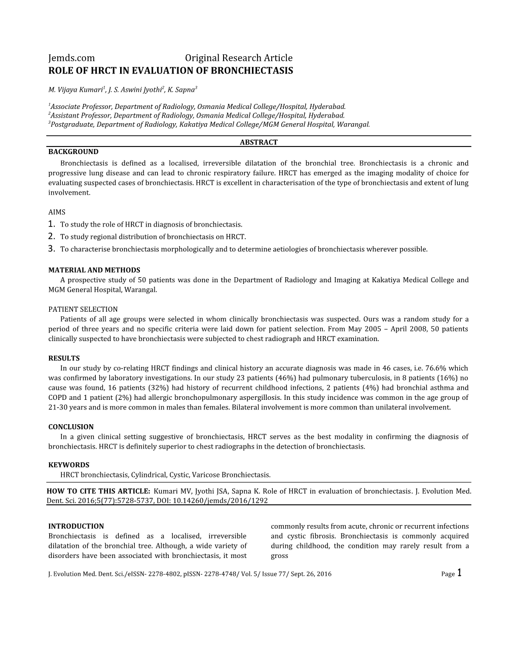 Role of Hrct in Evaluation of Bronchiectasis