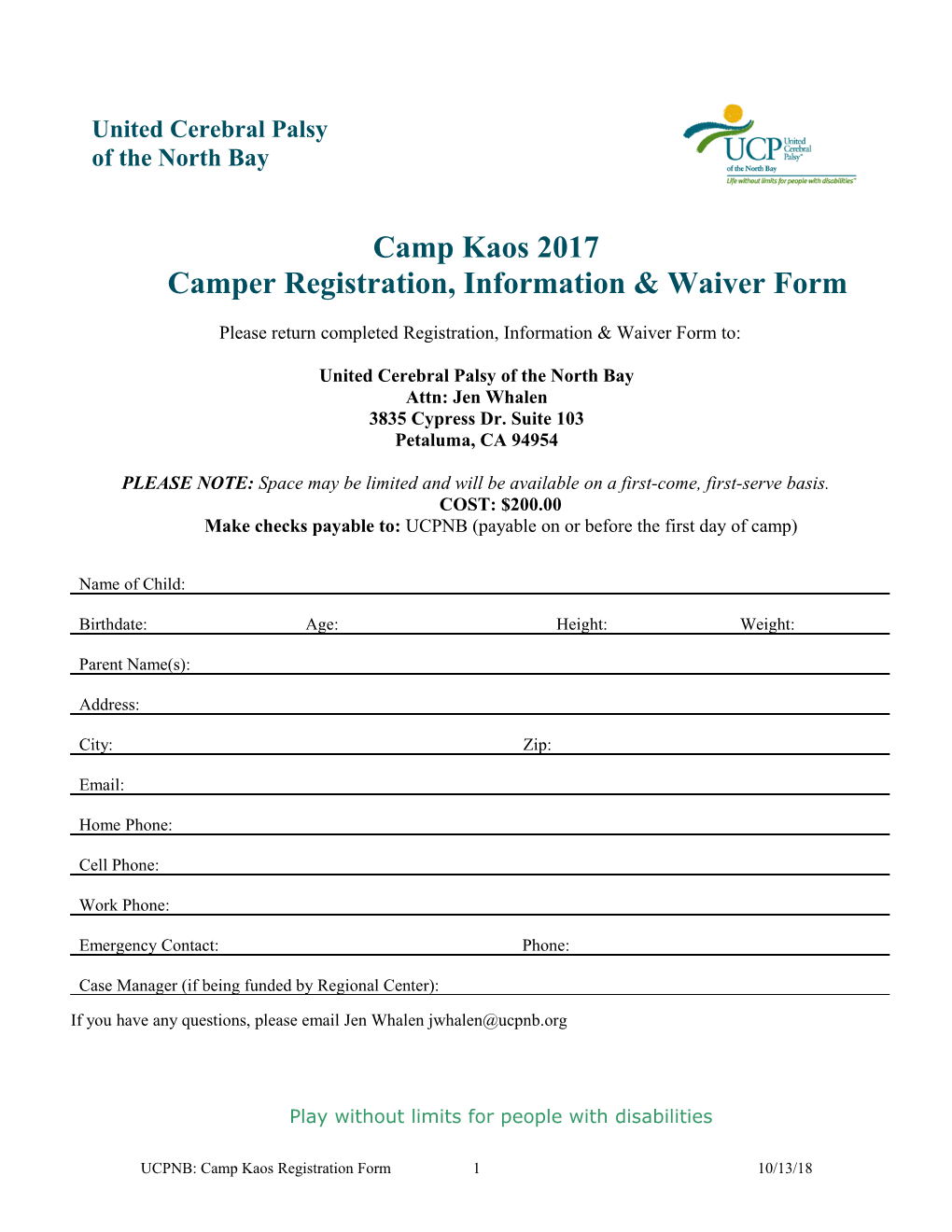 Camper Registration, Information & Waiver Form