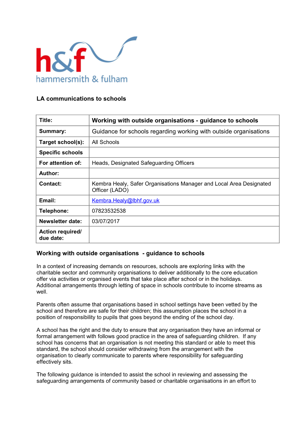 Working with Outside Organisations - Guidance to Schools