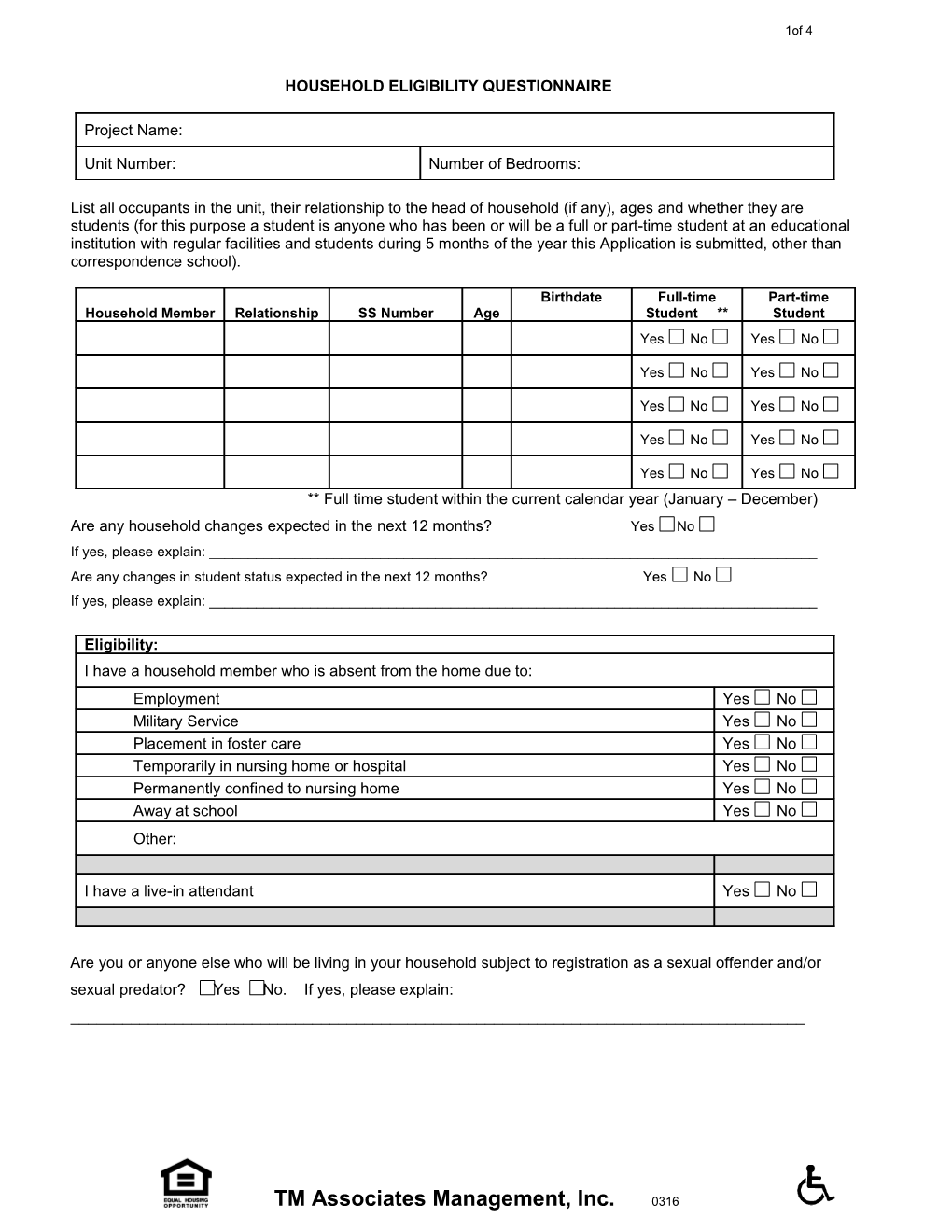 Household Eligibility Questionnaire Page 1 of 4