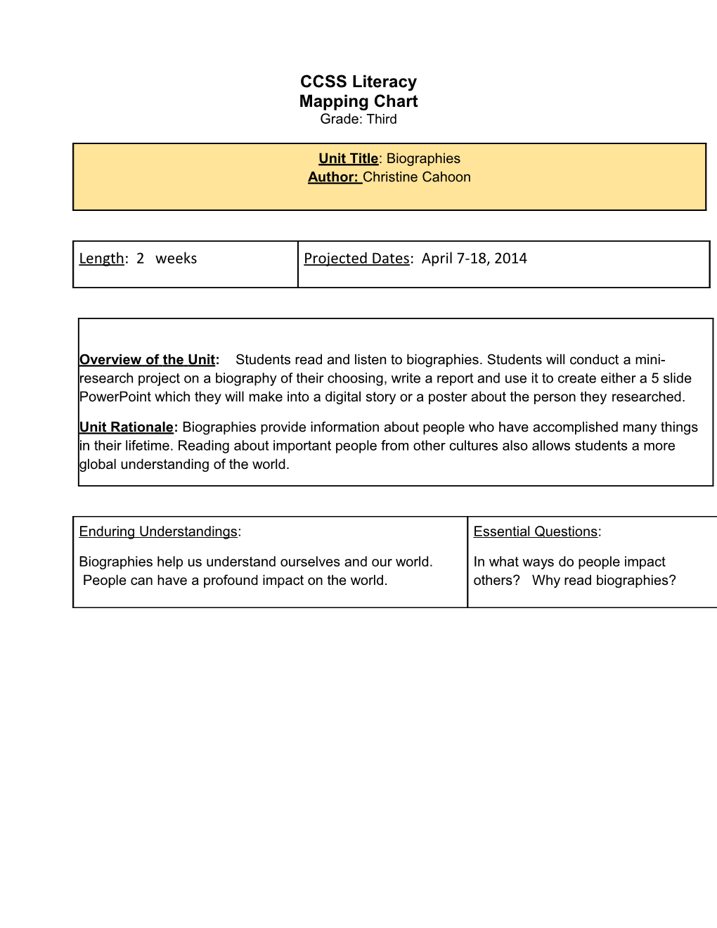 CCSS Literacy Mapping Chart