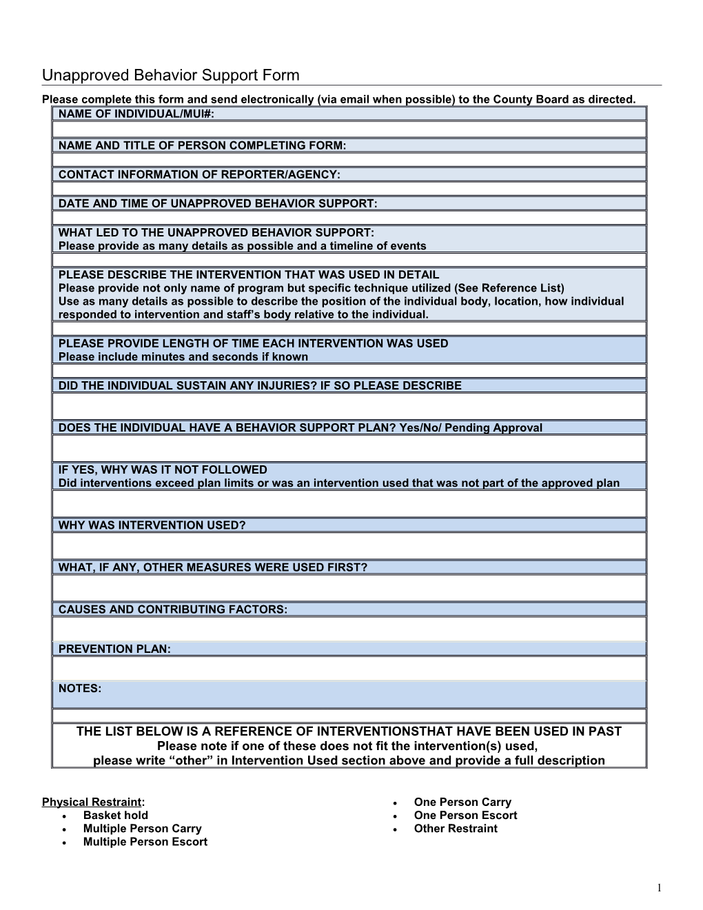 Unapproved Behavior Support Form
