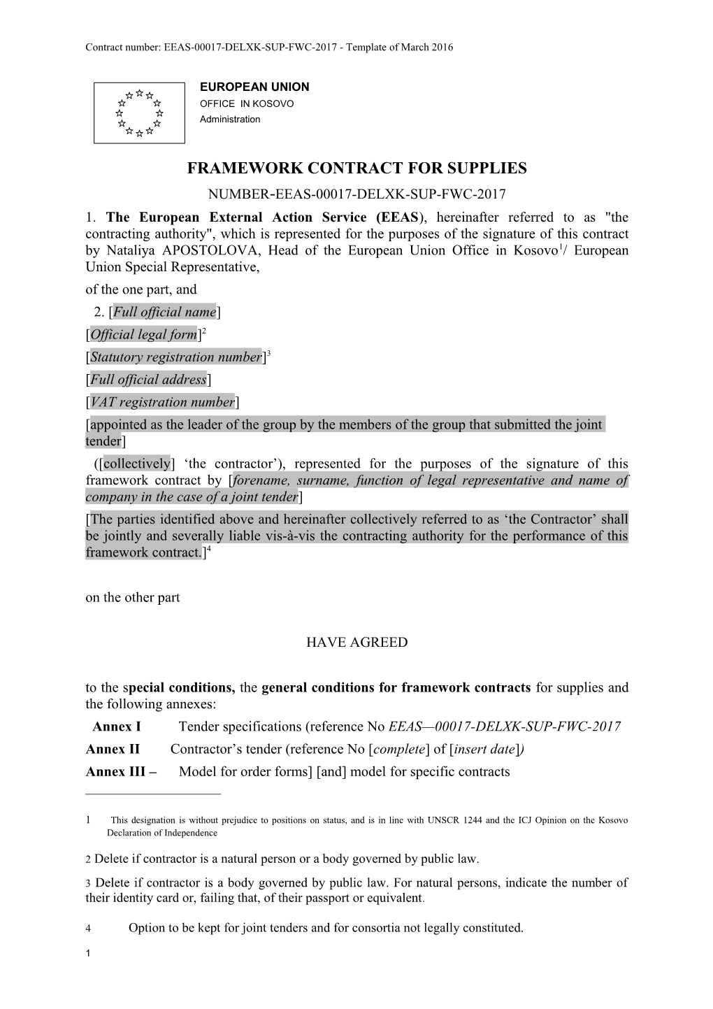 Framework Supply Contract