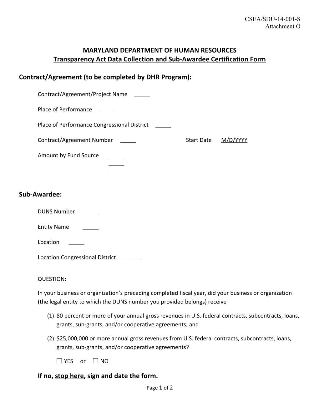Transparency Act Data Collection and Sub-Awardee Certification Form