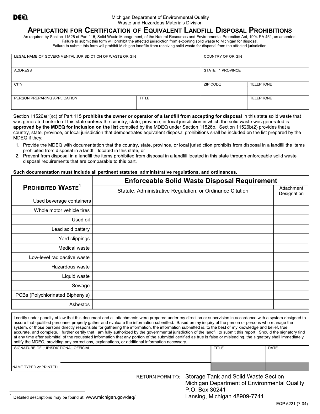 Application for Certification of Equivalent Landfill Disposal Prohibitions