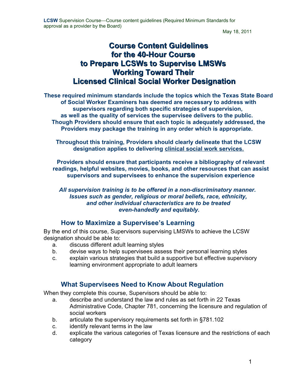 Course Content Guidelines (Minimum Requirements) for LCSW 2011