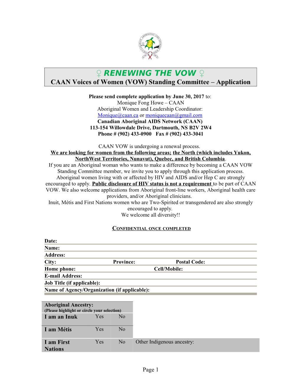 CAAN Voices of Women (VOW) Standing Committee Application