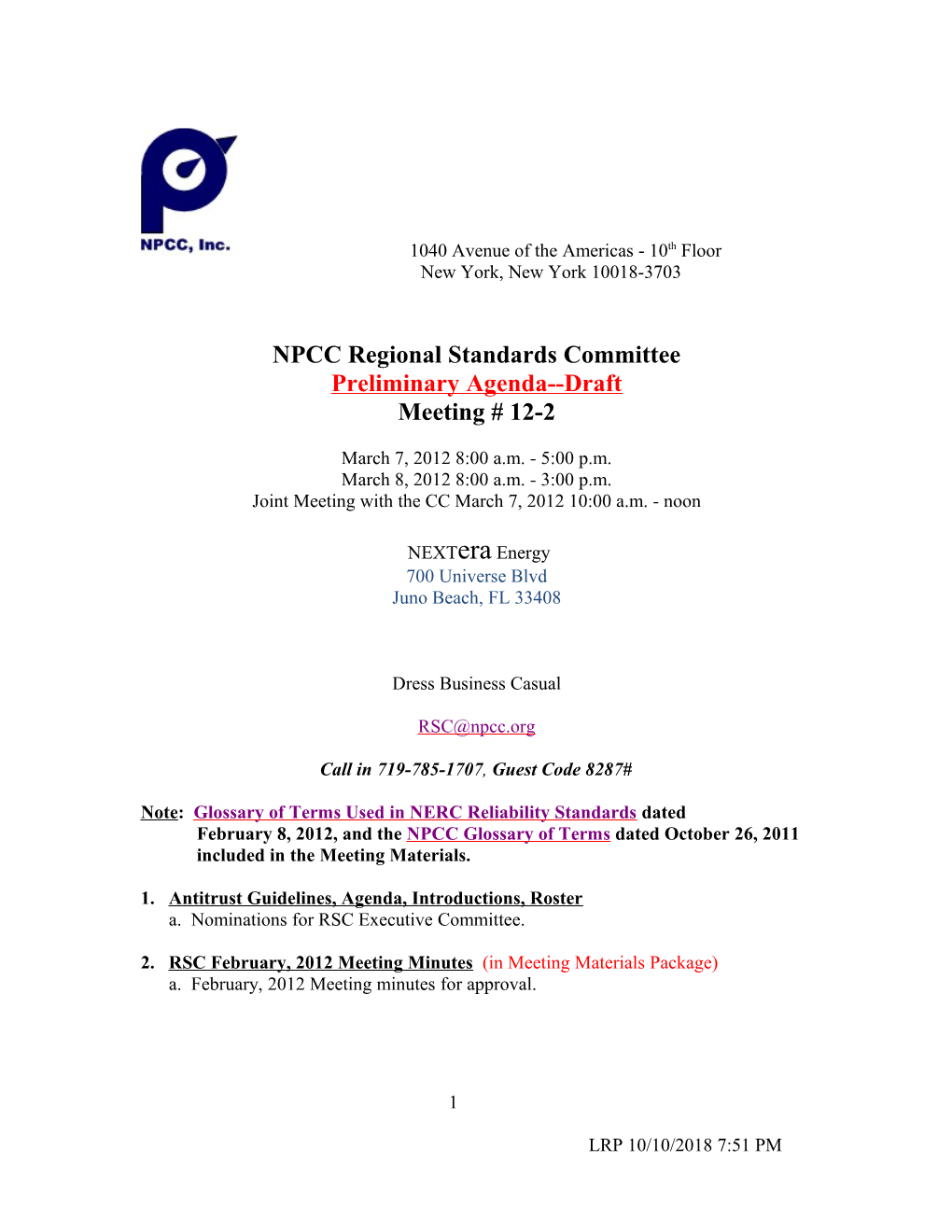 RSC 3-7-12 Meeting Preliminary Agenda (As of 3-6-12)