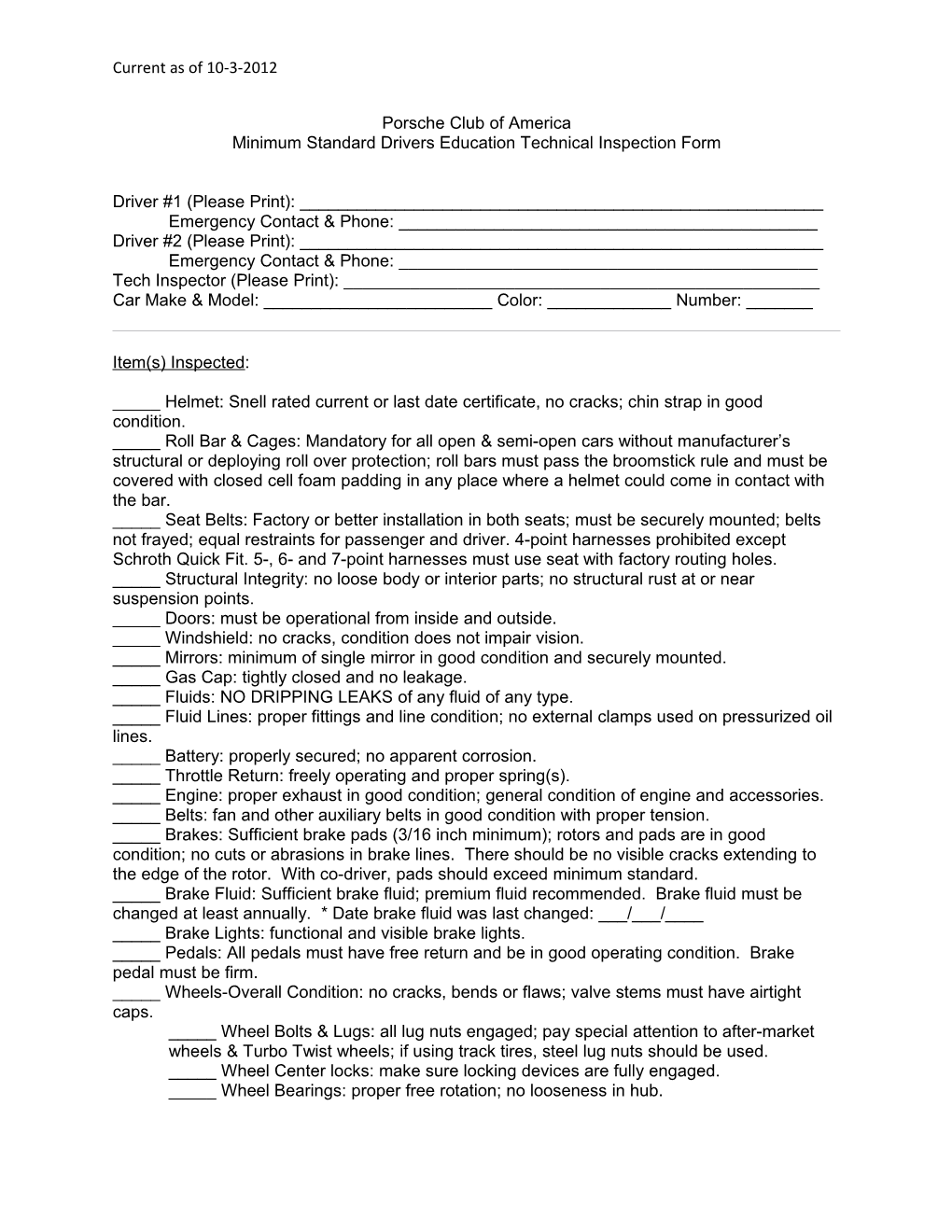 Minimum Standard Drivers Education Technical Inspection Form