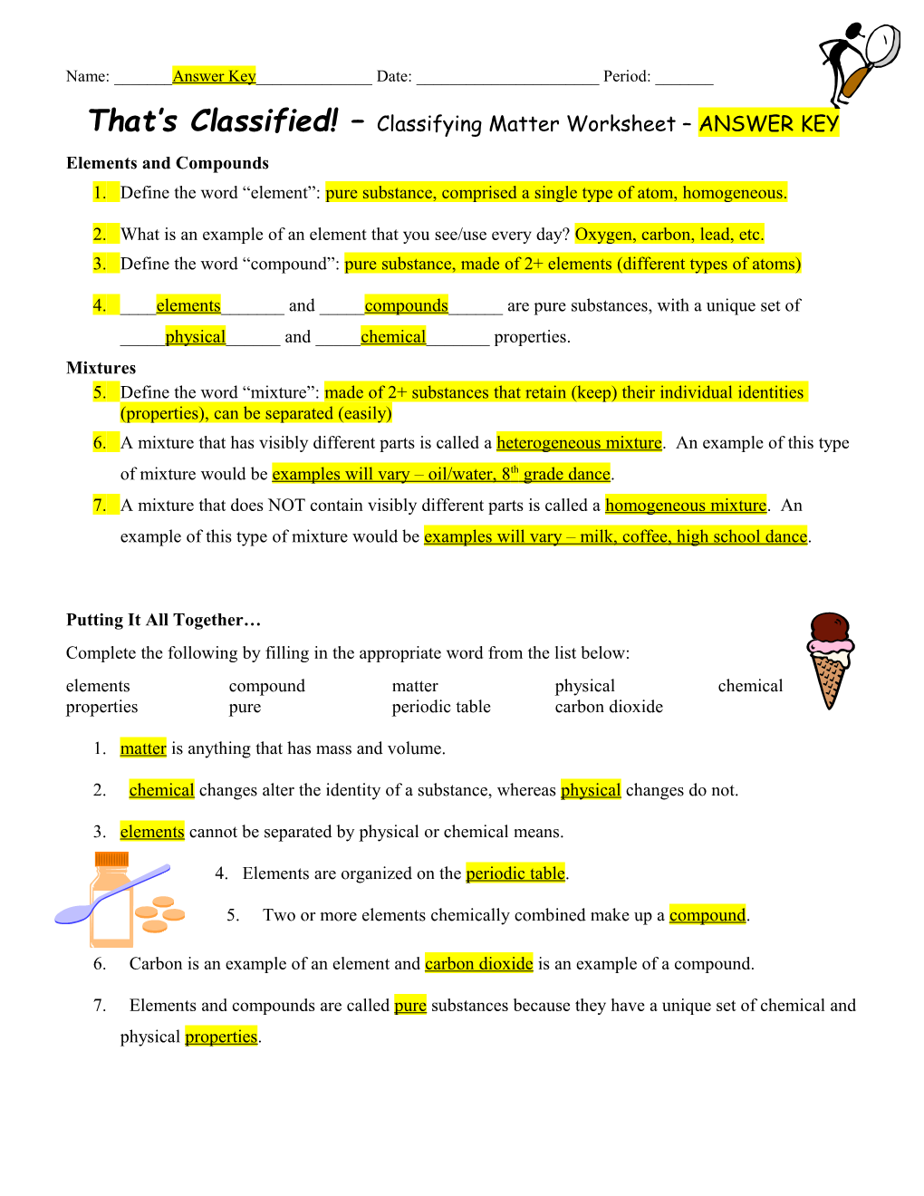 That S Classified! Classifying Matter Worksheet ANSWER KEY