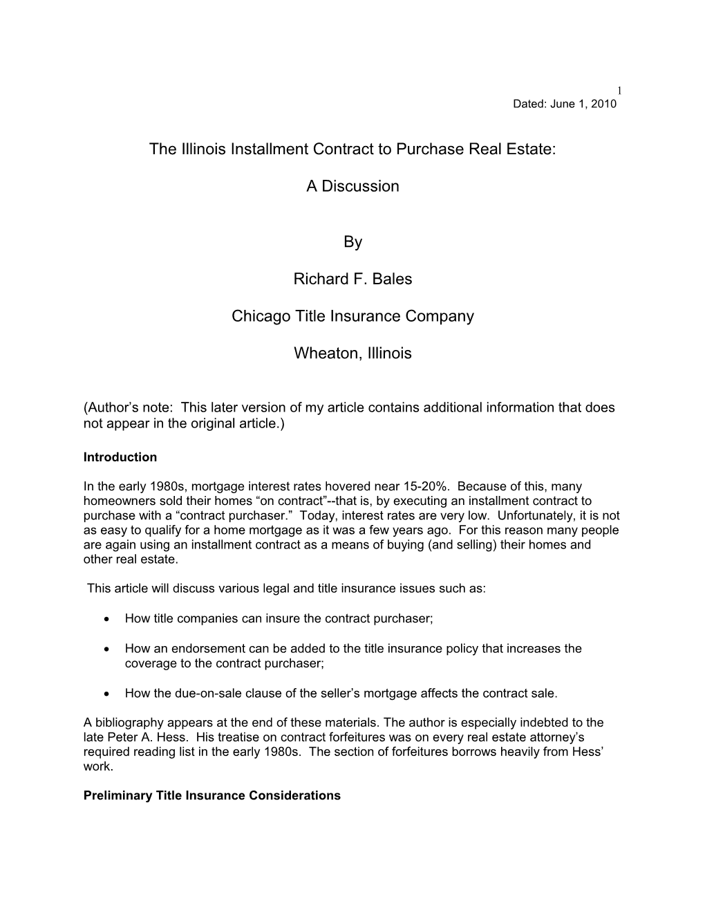 The Illinois Installment Contract to Purchase Real Estate