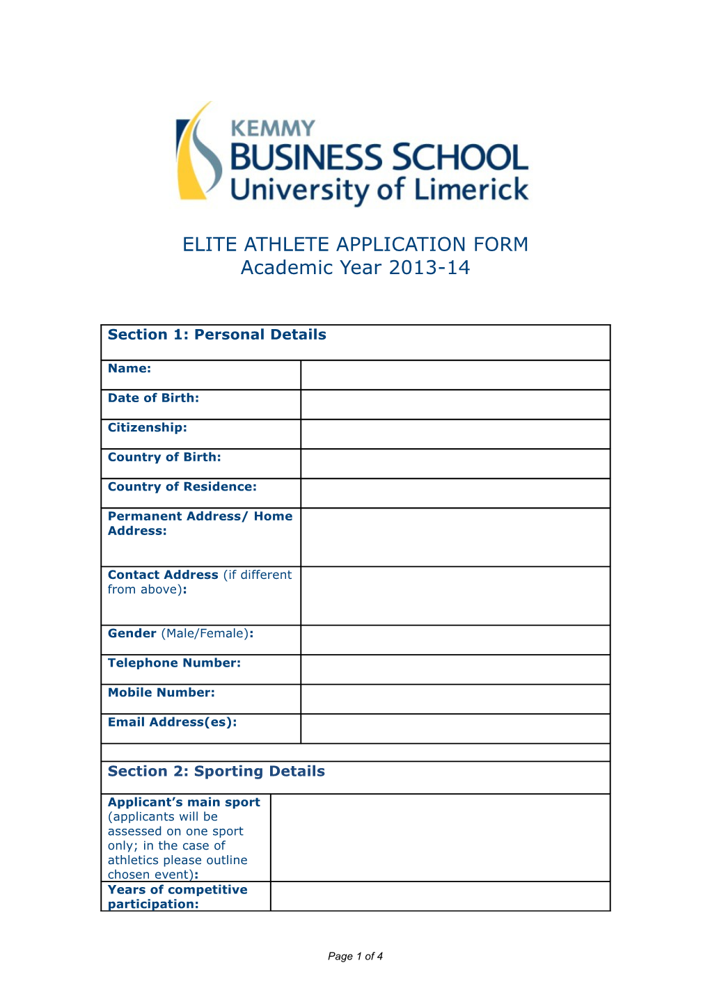 Elite Athlete Application Form