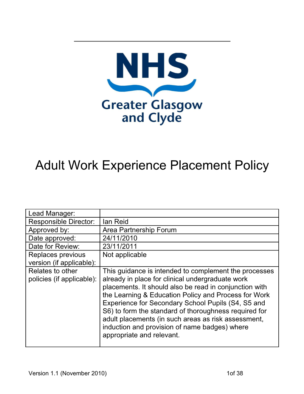 Adult Work Experience Placement Policy