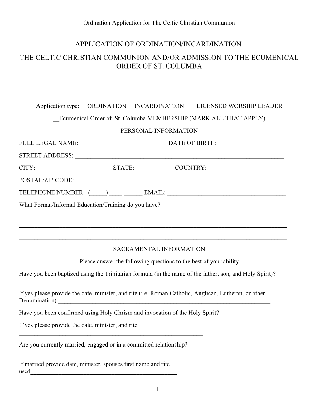 Application of Ordination/Incardination and Admission to the Ecumical Order of Saint Columba