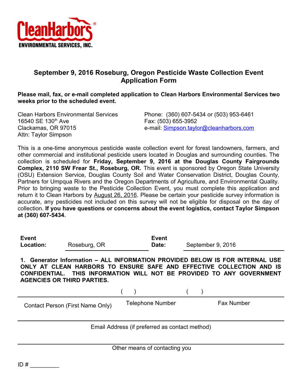 Waste Collection Event Application Form for Conditionally Exempt Hazardous Waste Generators