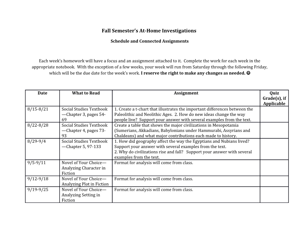 Fall Semester S At-Home Investigations