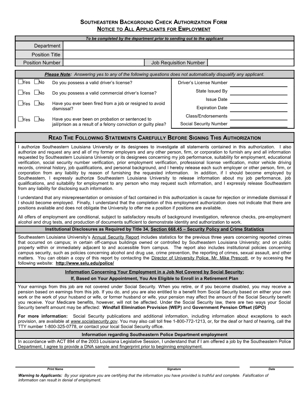 Southeastern Background Check Authorization Form