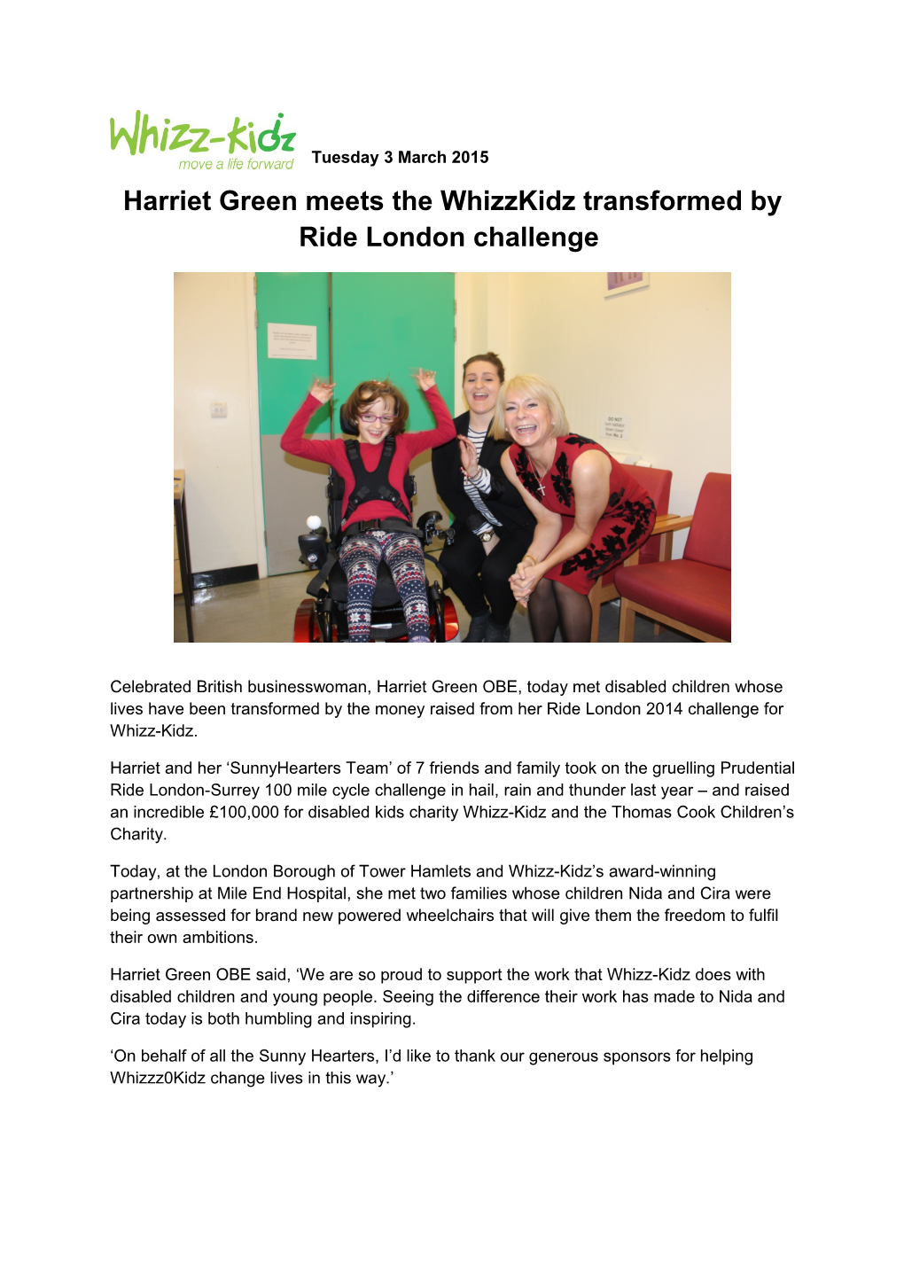 Harriet Green Meets the Whizzkidz Transformed by Ride London Challenge